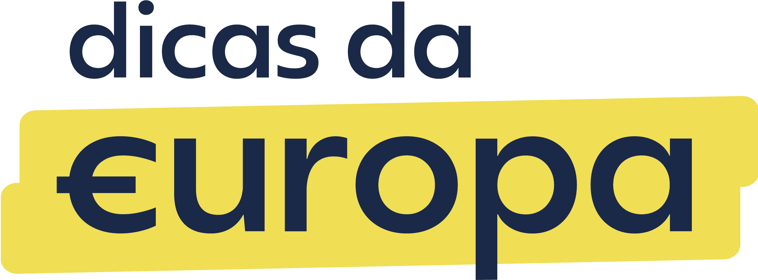 Logo “dicas da europa” com texto azul escuro sobre fundo amarelo e retângulo inferior